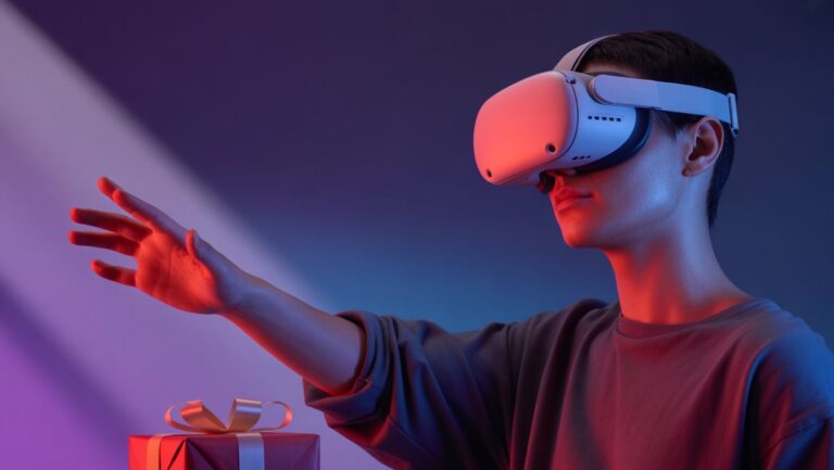 Realistiška, svaiginanti scena: žmogus į šiuolaikines VR ausines, ranka išplėsta link gyvybingo virtualiojo kraštovaizdžio, subtilios šviesos ant veido. Netoliese apvyniota dovanų dėžutė. Dinaminis apšvietimas.