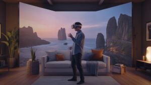 Realistiška scena: patogiuose namuose žmogus, vilkėjęs VR ausines, pasinėręs į kvapą gniaužiantį, egzotišką virtualų pasaulį, maišant tikrovę ir nuotykius.