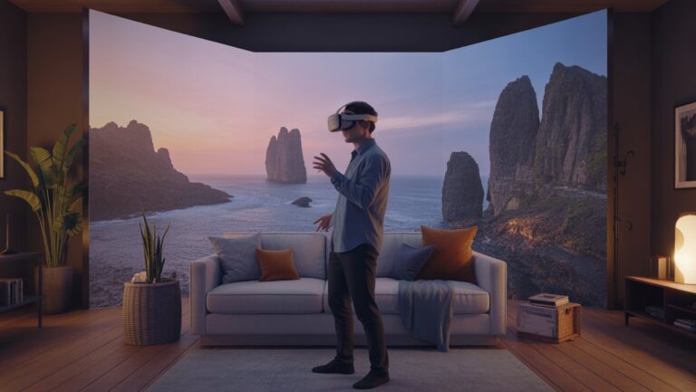 Realistiška scena: patogiuose namuose žmogus, vilkėjęs VR ausines, pasinėręs į kvapą gniaužiantį, egzotišką virtualų pasaulį, maišant tikrovę ir nuotykius.