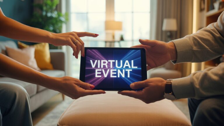 Rankos, keičiančios žėrinčią planšetinio kompiuterio ekraną, parodantį gyvybingą virtualų įvykį, nustatytą jaukioje, tikroviškoje namų aplinkoje.