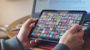 Realus, akių lygio rankų kadras, turintis modernų planšetinį kompiuterį, kuriame pavaizduota didžiulė, spalvinga vaizdo žaidimų piktogramų tinklelis, subtili dovanų dėžutė fone, minkštas dėmesys.