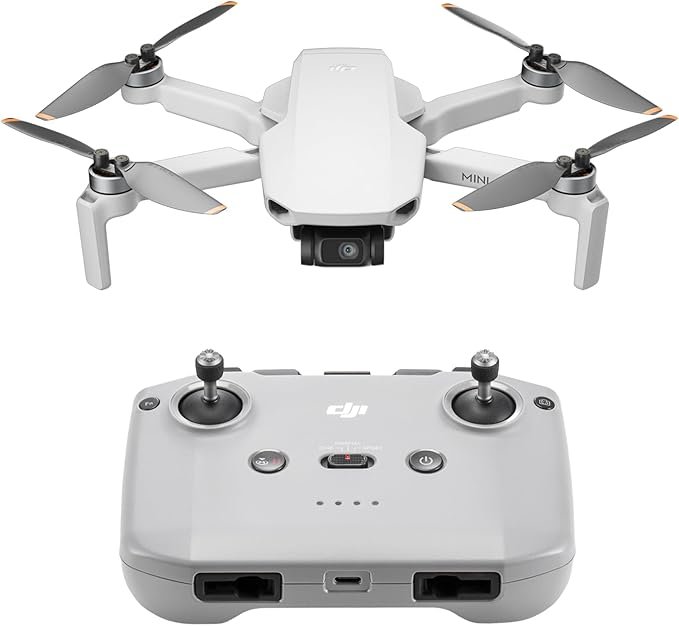 DJI Mini 4K drone flying above a landscape, showcasing its compact size and 4K UHD camera capability for cinematic beginner-friendly aerial photography.