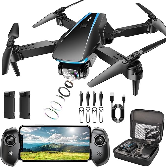 Foldable drone with 1080P HD camera, designed for adults and beginners, shown with its included carrying case and two batteries for extended flight.