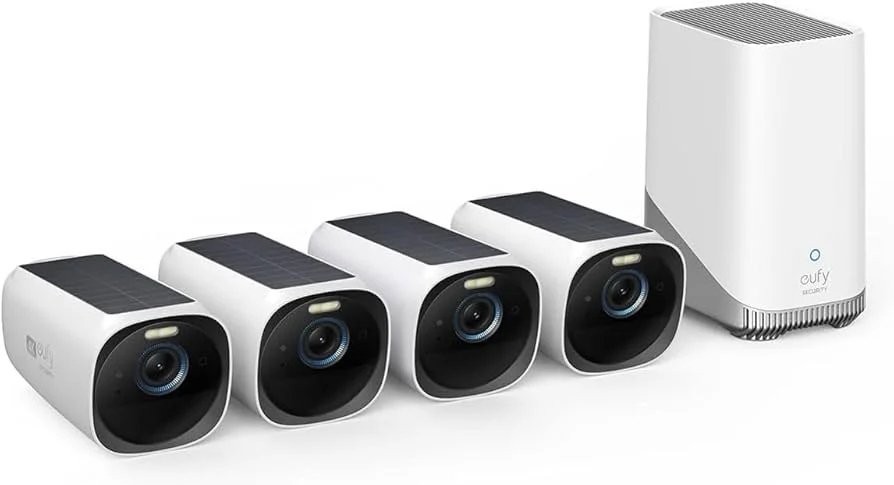 EufyCam 3 camera and HomeBase 3, showing the sleek black camera and the white smart hub, highlighting its local storage capabilities.