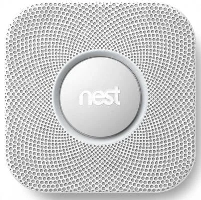 Image of a white Google Nest Protect smart smoke and carbon monoxide detector with a circular display.