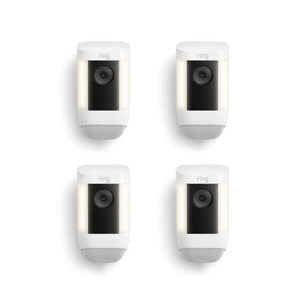 Ring Spotlight Cam Pro, a white outdoor security camera with prominent LED spotlights on either side of the camera lens, indicating its deterrence features.