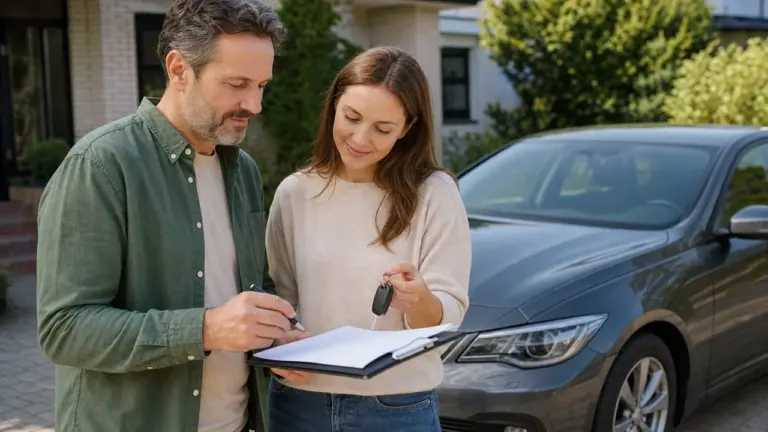 Vidutinio amžiaus vyras pasirašo dokumentus, o moteris laiko automobilio raktelius šalia pilko automobilio.