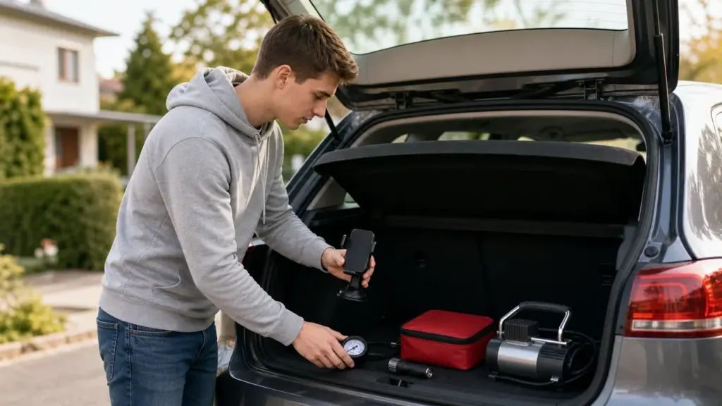Jaunuolis deda automobilio aksesuarus į atvirą tamsaus automobilio bagažinę šviesią dieną lauke.