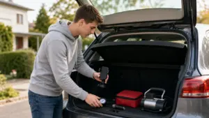 Jaunuolis deda automobilio aksesuarus į atvirą tamsaus automobilio bagažinę šviesią dieną lauke.