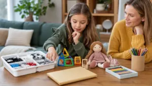 Mergaitė kartu su mama sėdi prie stalo ir žaidžia su spalvingomis magnetinėmis detalėmis.